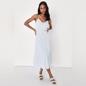 Sunny Reverie Light Blue Swiss Dot Lurex Halter Midi Dress